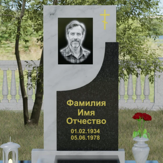 Вертикальный гранитный памятник с крестом в Перми, мрамор Тассос