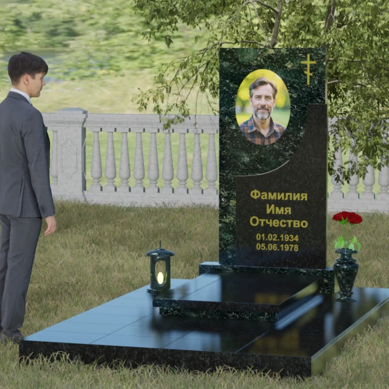Вертикальный гранитный памятник с крестом в Перми, гранит Балтик грин, вид 4