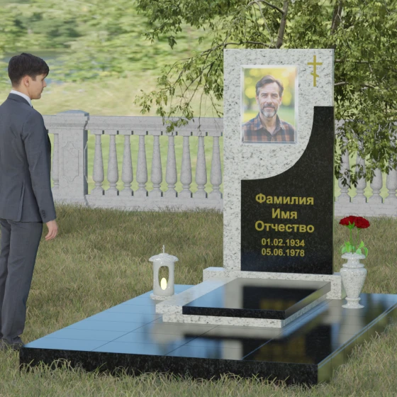 Вертикальный гранитный памятник с крестом в Перми, гранит Мансуровский, вид 4