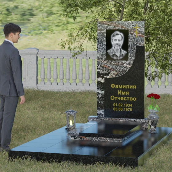 Вертикальный гранитный памятник с крестом в Перми, гранит амфиболит, вид 4