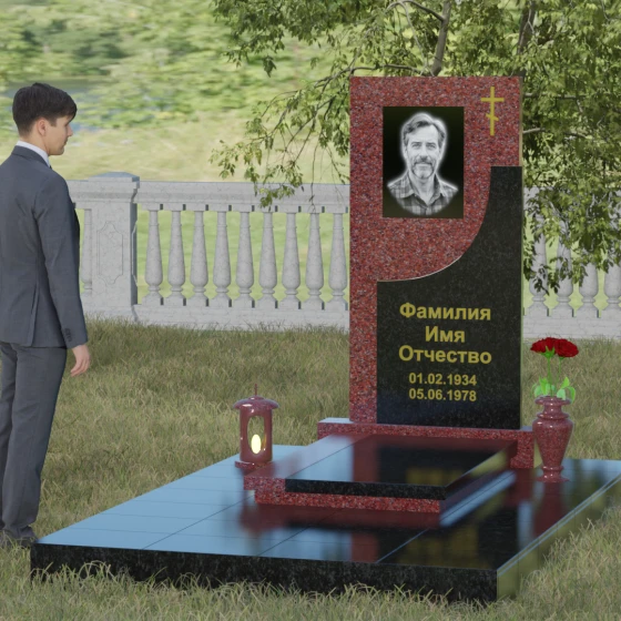 Вертикальный гранитный памятник с крестом в Перми, гранит Лезниковский, вид 4
