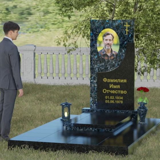Вертикальный гранитный памятник с крестом в Перми, гранит Блю Перл, вид 4