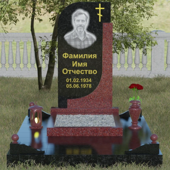 Гранитный памятник с плавной волной и восьмиконечным крестом, гранит Габбро-диабаз, вид 2
