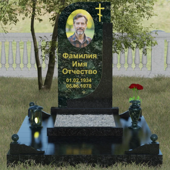 Гранитный памятник с плавной волной и восьмиконечным крестом, гранит Балтик грин, вид 2