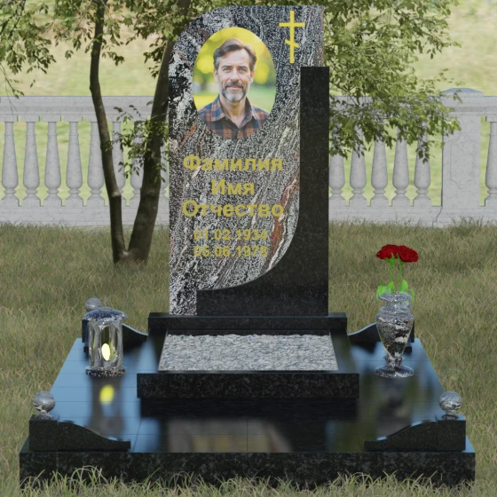 Гранитный памятник с плавной волной и восьмиконечным крестом, гранит амфиболит, вид 2