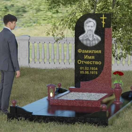 Гранитный памятник с плавной волной и восьмиконечным крестом, гранит Габбро-диабаз, вид 4