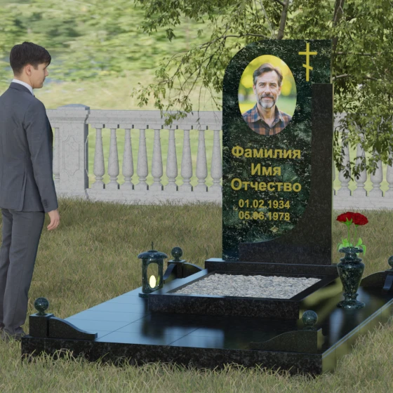 Гранитный памятник с плавной волной и восьмиконечным крестом, гранит Балтик грин, вид 4