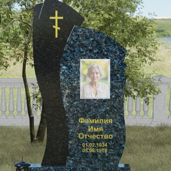 Православный комбинированный памятник с крестом в Перми, гранит Блю Перл