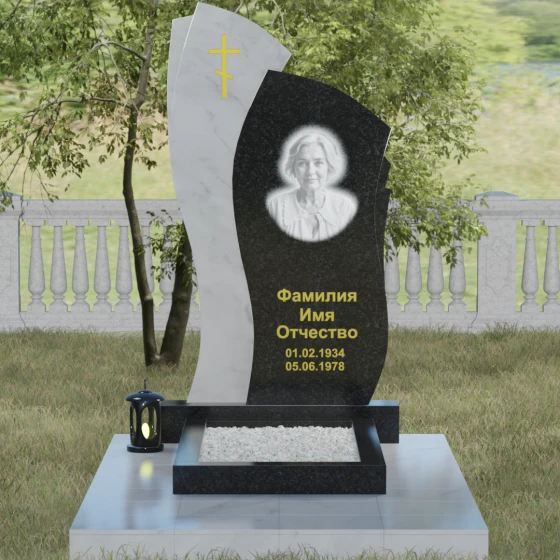 Православный комбинированный памятник с крестом в Перми, гранит Габбро-диабаз, вид 2