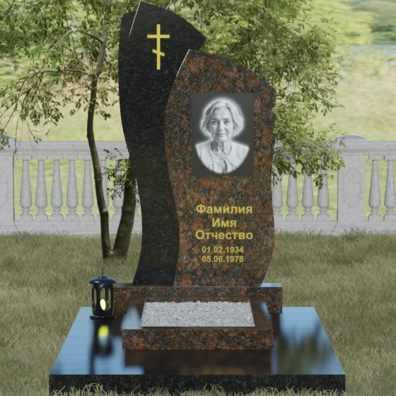 Православный комбинированный памятник с крестом в Перми, гранит Дымовский, вид 2