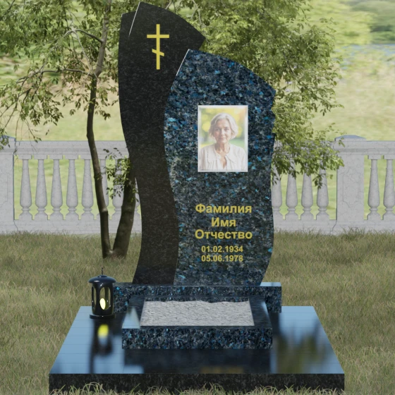 Православный комбинированный памятник с крестом в Перми, гранит Блю Перл, вид 2