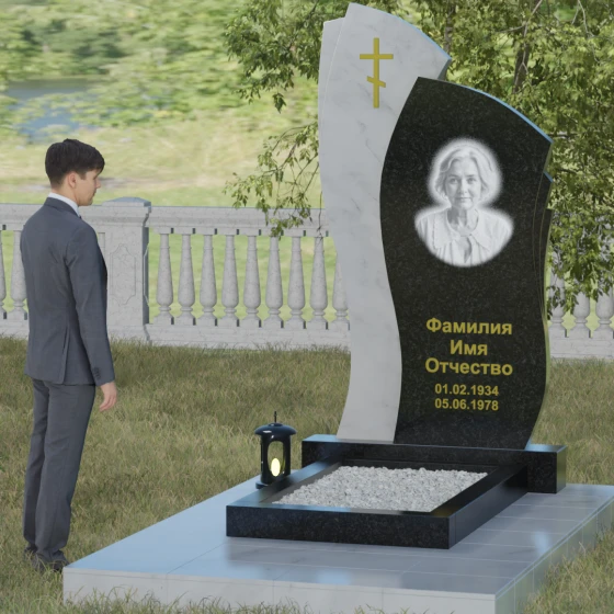 Православный комбинированный памятник с крестом в Перми, гранит Габбро-диабаз, вид 4
