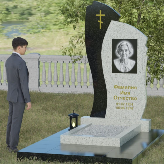 Православный комбинированный памятник с крестом в Перми, гранит Мансуровский, вид 4
