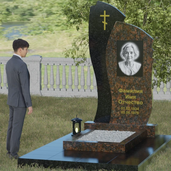 Православный комбинированный памятник с крестом в Перми, гранит Дымовский, вид 4