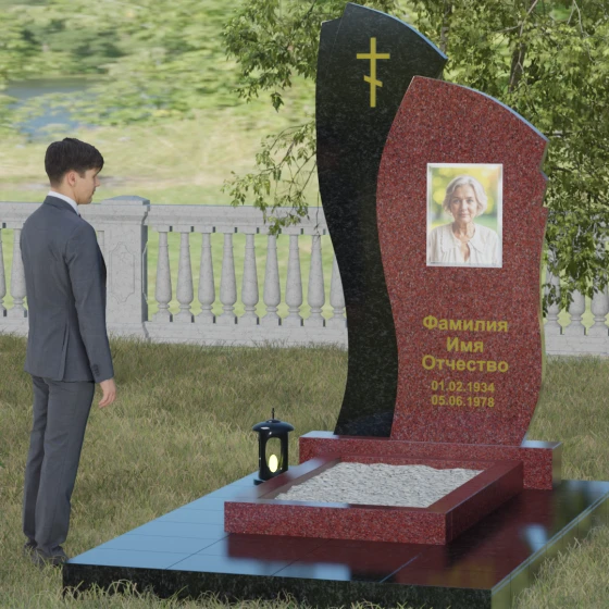 Православный комбинированный памятник с крестом в Перми, гранит Лезниковский, вид 4