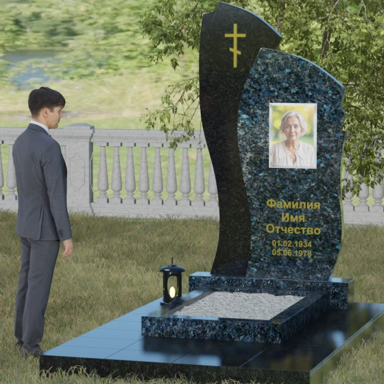 Православный комбинированный памятник с крестом в Перми, гранит Блю Перл, вид 4