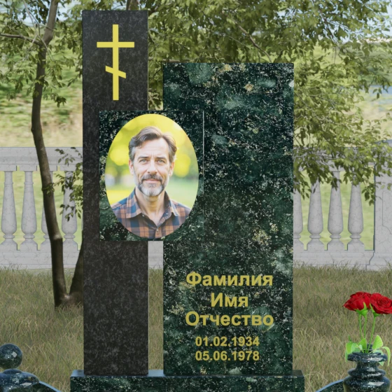 Комбинированный православный памятник с крестом в Перми, гранит Балтик грин