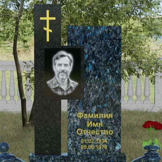 Комбинированный православный памятник с крестом в Перми, гранит Блю Перл