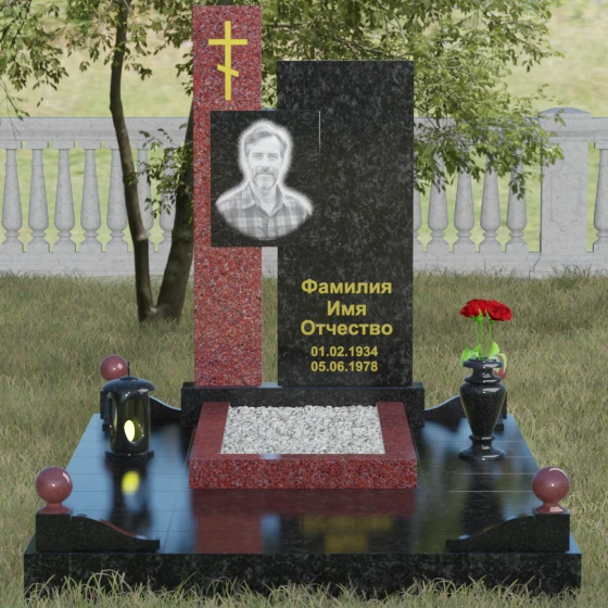Комбинированный православный памятник с крестом в Перми, гранит Габбро-диабаз, вид 2