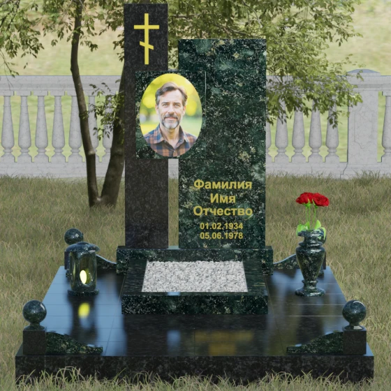Комбинированный православный памятник с крестом в Перми, гранит Балтик грин, вид 2