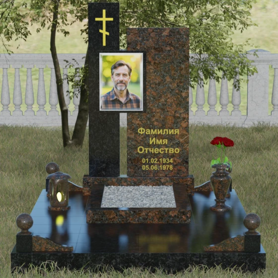 Комбинированный православный памятник с крестом в Перми, гранит Дымовский, вид 2