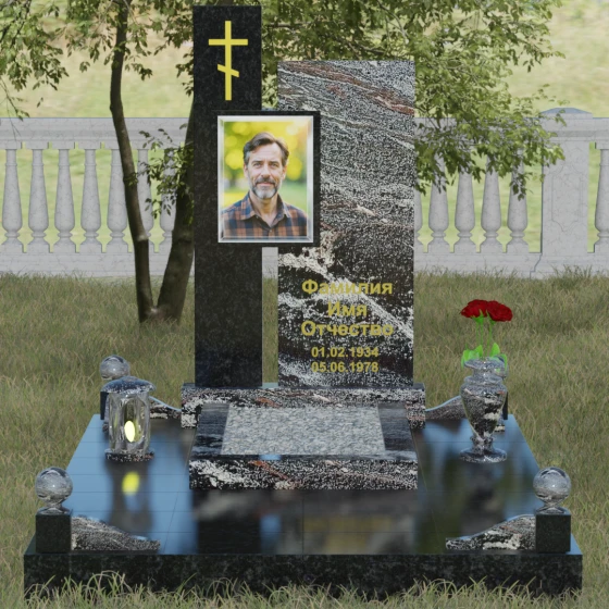 Комбинированный православный памятник с крестом в Перми, гранит амфиболит, вид 2