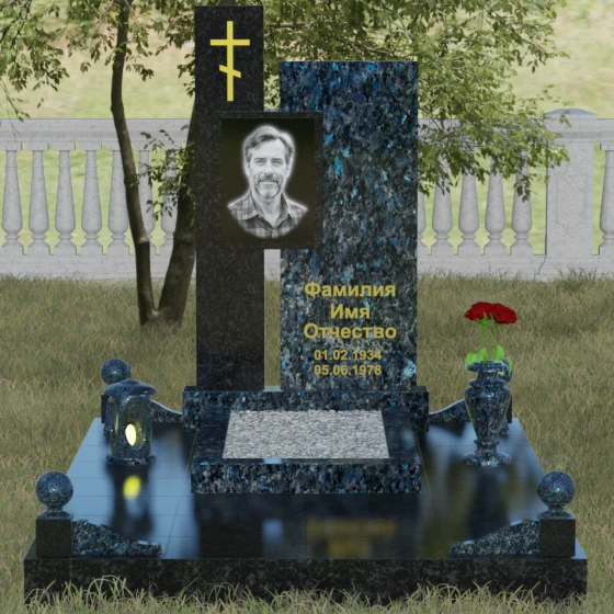 Комбинированный православный памятник с крестом в Перми, гранит Блю Перл, вид 2