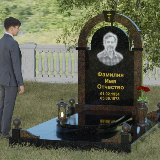 Православный комбинированный памятник с крестом в Перми, гранит Габбро-диабаз, вид 4