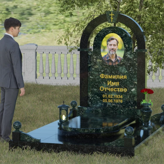 Православный комбинированный памятник с крестом в Перми, гранит Балтик грин, вид 4