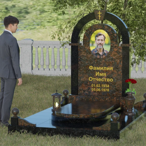 Православный комбинированный памятник с крестом в Перми, гранит Дымовский, вид 4