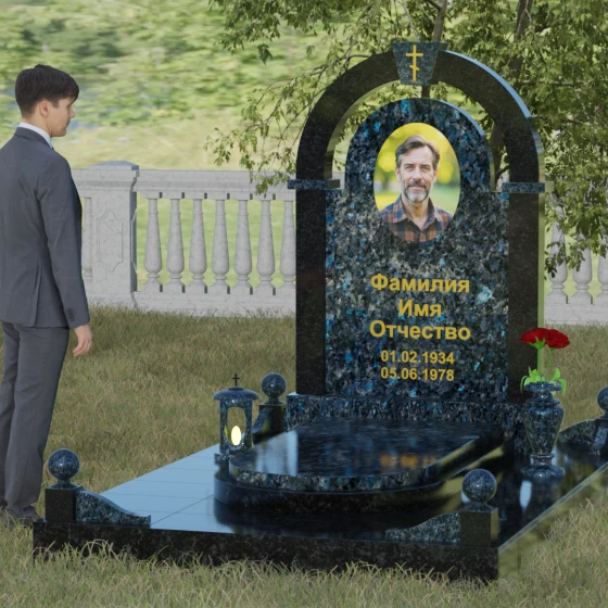 Православный комбинированный памятник с крестом в Перми, гранит Блю Перл, вид 4