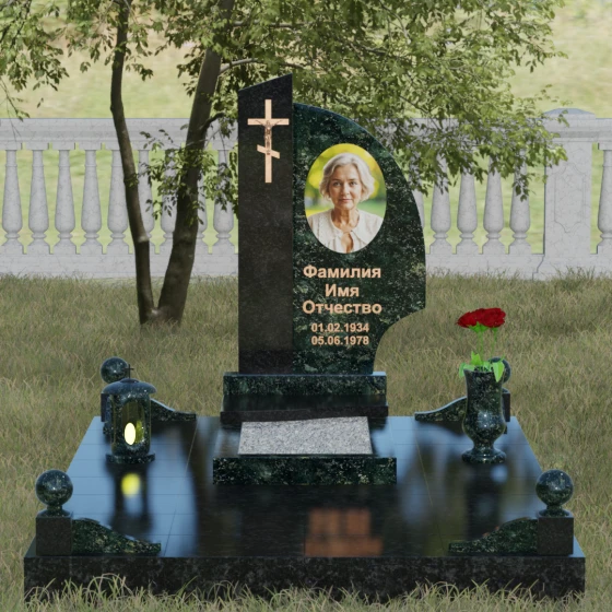Православный комбинированный памятник с крестом в Набережных Челнах, гранит Балтик грин, вид 2