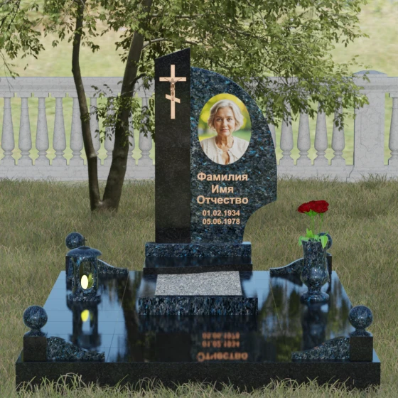 Православный комбинированный памятник с крестом в Набережных Челнах, гранит Блю Перл, вид 2