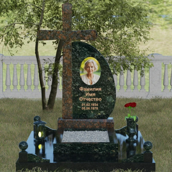 Комбинированный памятник с крестом в Ярославле, гранит Балтик грин, вид 2