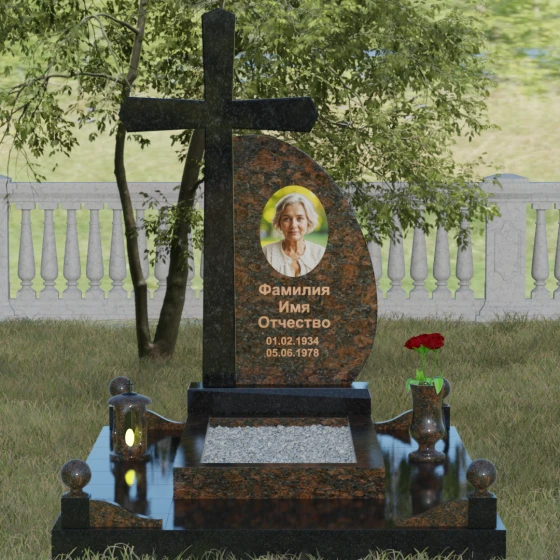 Комбинированный памятник с крестом в Ярославле, гранит Дымовский, вид 2