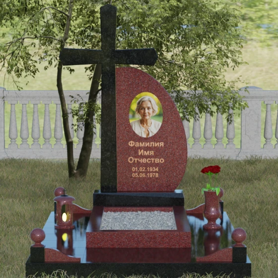 Комбинированный памятник с крестом в Ярославле, гранит Лезниковский, вид 2