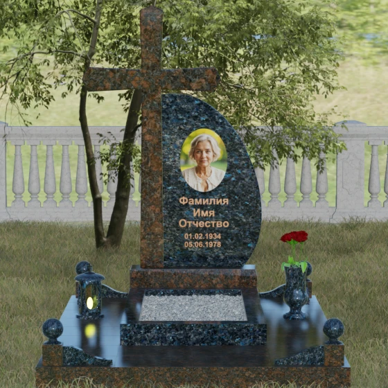 Комбинированный памятник с крестом в Ярославле, гранит Блю Перл, вид 2