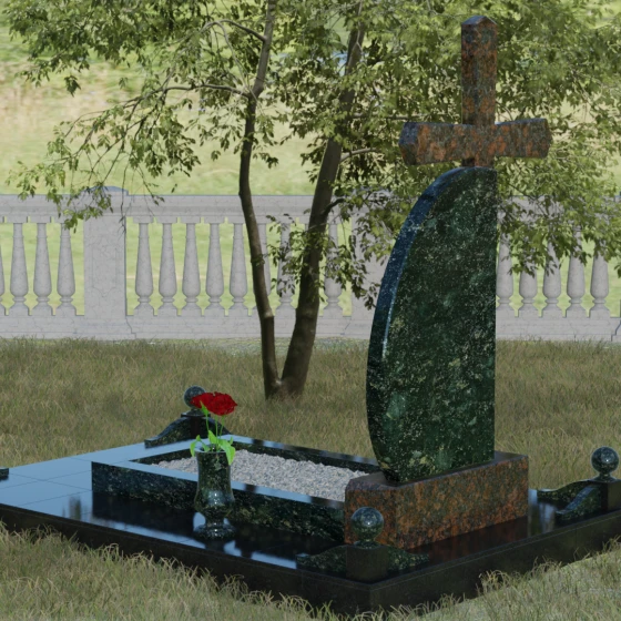 Комбинированный памятник с крестом в Ярославле, гранит Балтик грин, вид 3