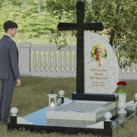 Комбинированный памятник с крестом в Ярославле, гранит Мансуровский, вид 4