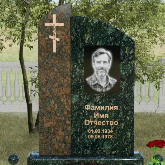 Вертикальный православный памятник комбинированный в Омске, гранит Балтик грин