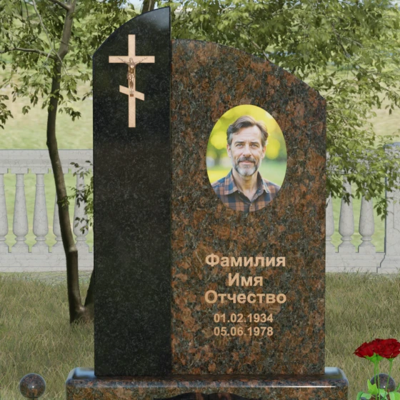 Вертикальный православный памятник комбинированный в Омске, гранит Дымовский