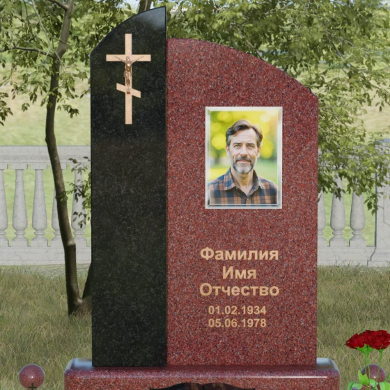 Вертикальный православный памятник комбинированный в Омске, гранит Лезниковский