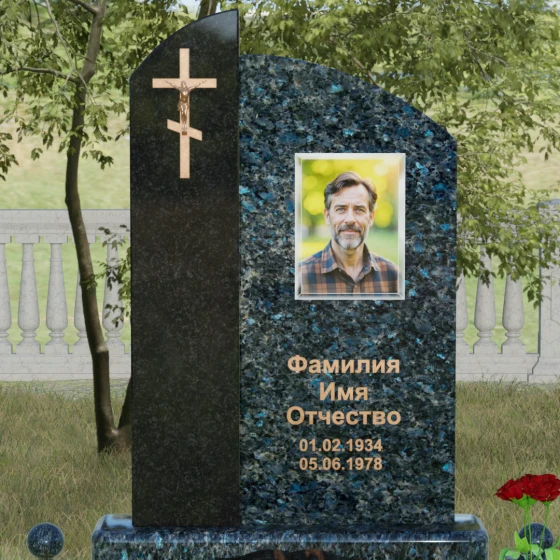 Вертикальный православный памятник комбинированный в Омске, гранит Блю Перл
