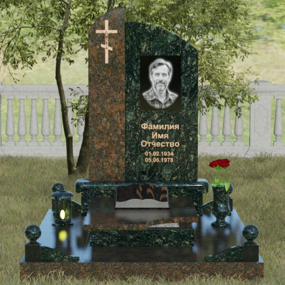 Вертикальный православный памятник комбинированный в Омске, гранит Балтик грин, вид 2