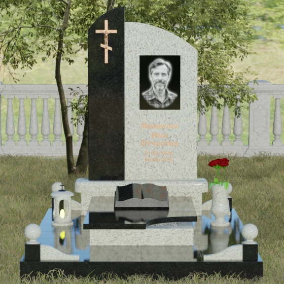 Вертикальный православный памятник комбинированный в Омске, гранит Мансуровский, вид 2