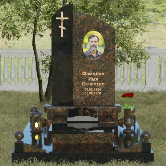 Вертикальный православный памятник комбинированный в Омске, гранит Дымовский, вид 2