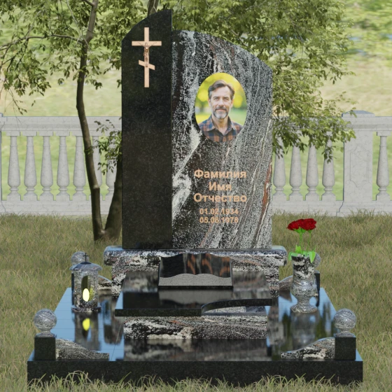 Вертикальный православный памятник комбинированный в Омске, гранит амфиболит, вид 2