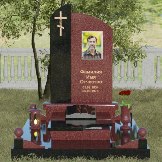 Вертикальный православный памятник комбинированный в Омске, гранит Лезниковский, вид 2