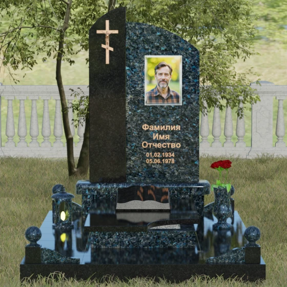 Вертикальный православный памятник комбинированный в Омске, гранит Блю Перл, вид 2
