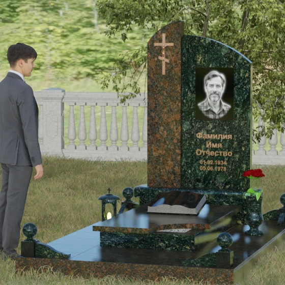 Вертикальный православный памятник комбинированный в Омске, гранит Балтик грин, вид 4
